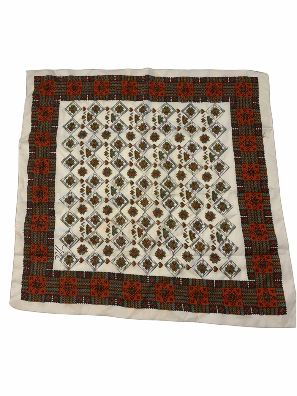 Square Scarf Ukrainian Inspired Colorful Geometric And Floral Print 20x20” Stain